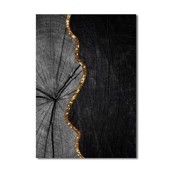 Golden Black Wood Effect Abstract Wall Art Canvas Print