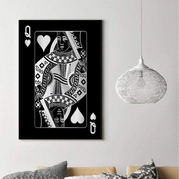 Queen of Hearts Silver Playing Cards Wall Art Canvas Print