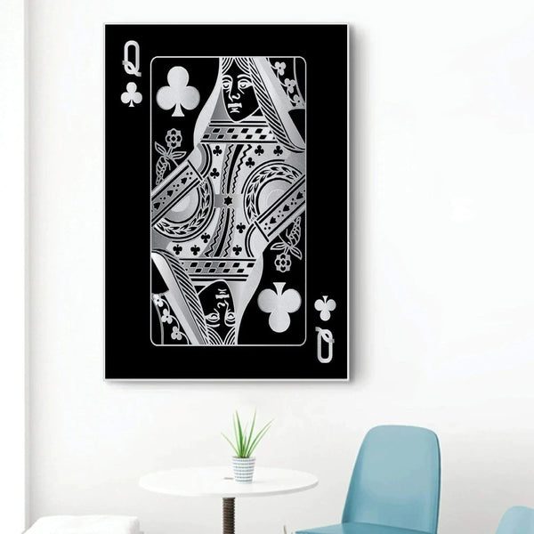 Queen of Clubs Silver Playing Cards Wall Art Canvas Print