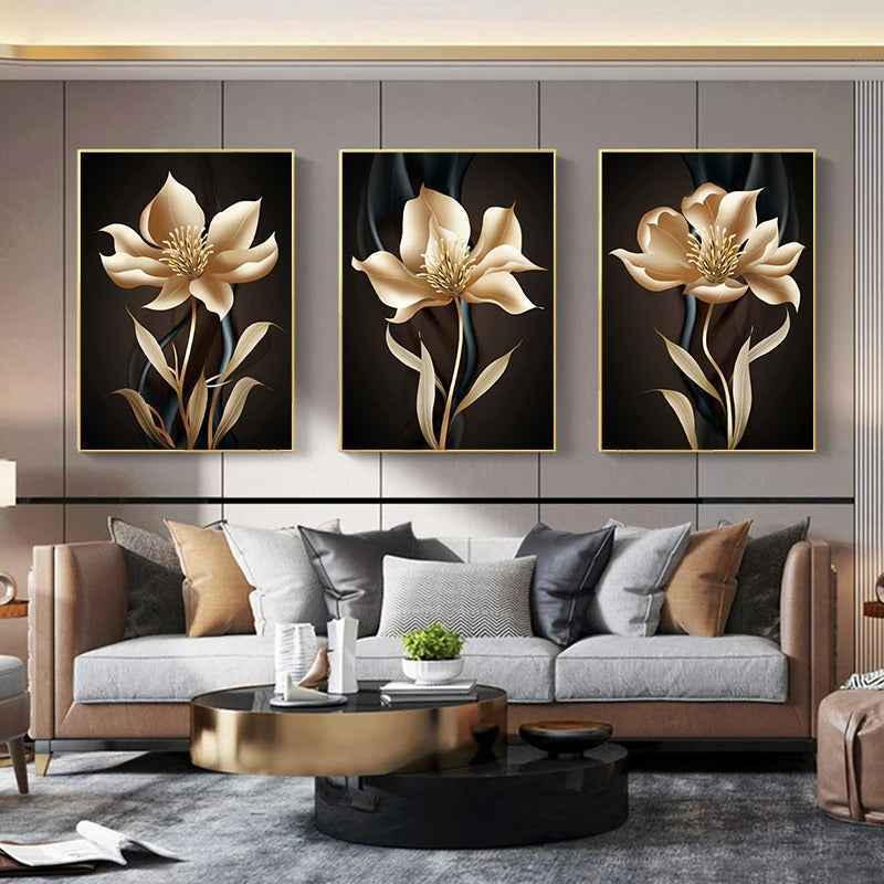 Black Golden Flower Abstract Wall Art Canvas Print