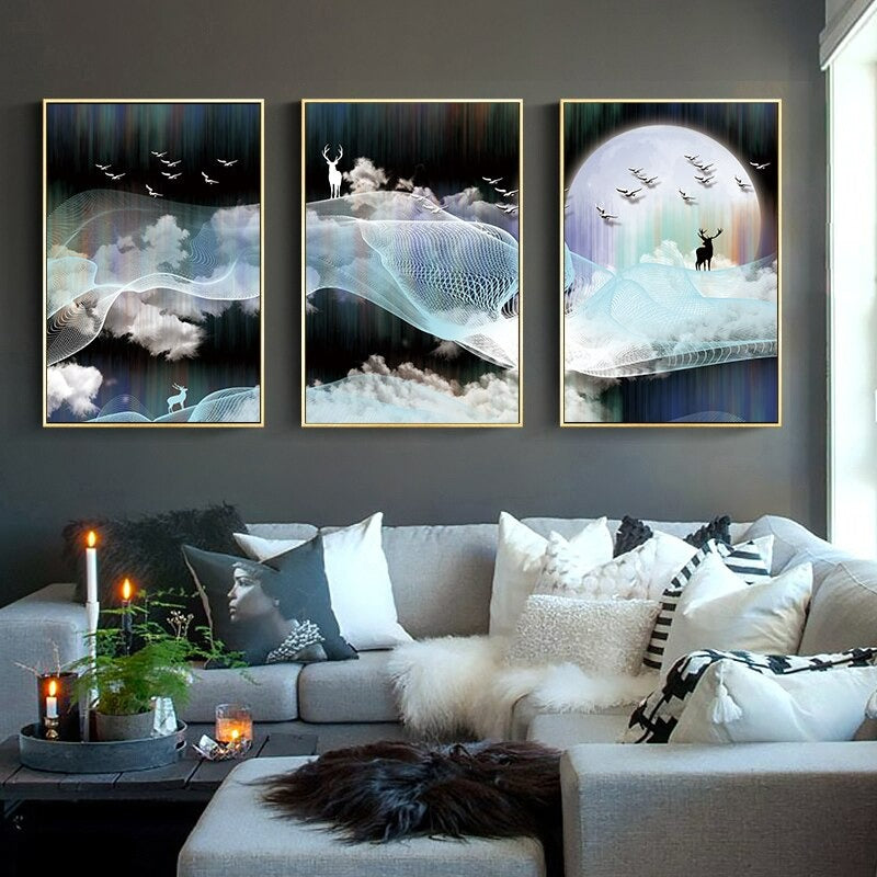 Deer and Birds in Sky Abstract Wall Art Canvas Print