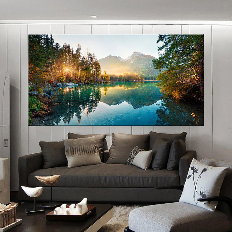 Sunrise Mountains Reflection on Lake Nature Wall Art Canvas Print