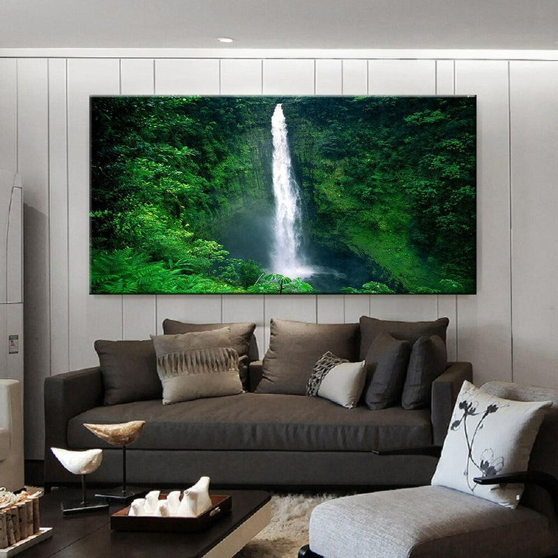 Green Forest Waterfall Nature Wall Art Canvas Print