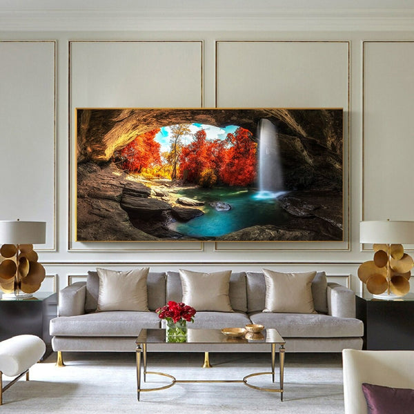 Red Autumn Lake Waterfall Nature Wall Art Canvas Print