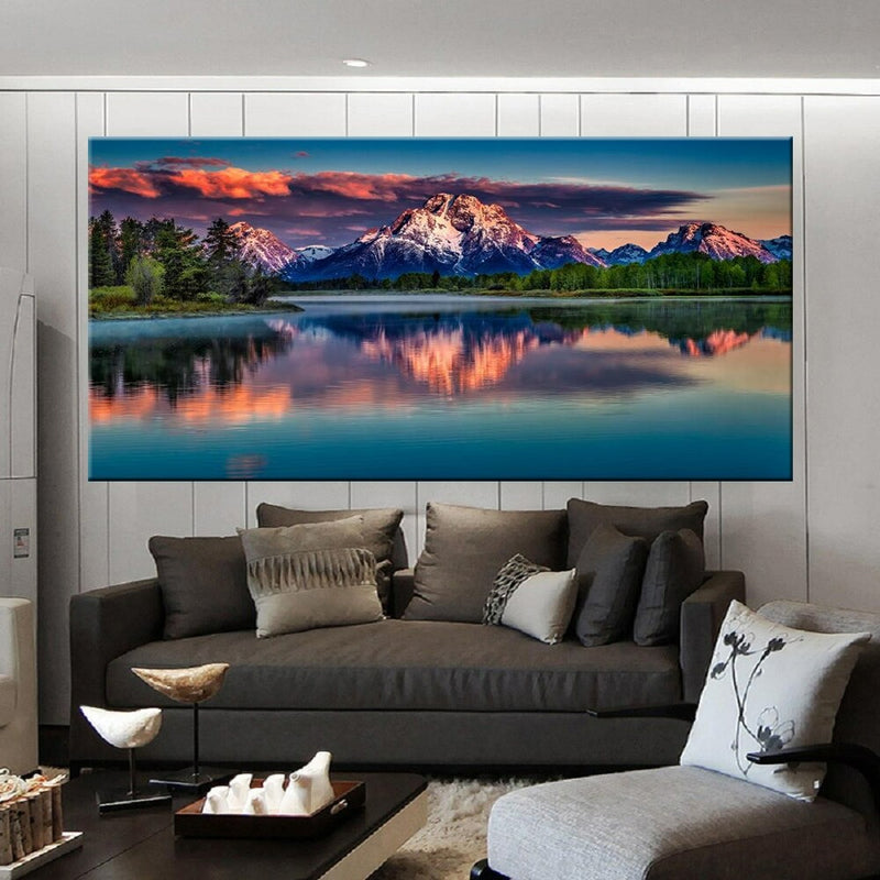 Sunset Mountain Reflection Nature Wall Art Canvas Print