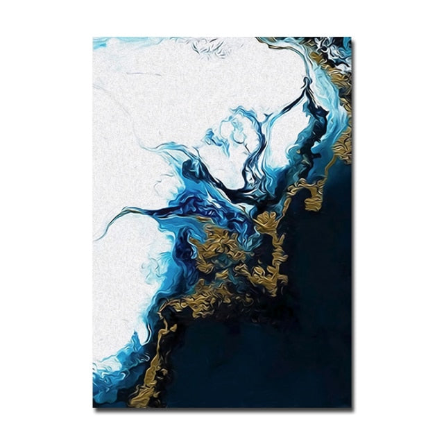 Golden Blue Wave Abstract Wall Art Canvas Print