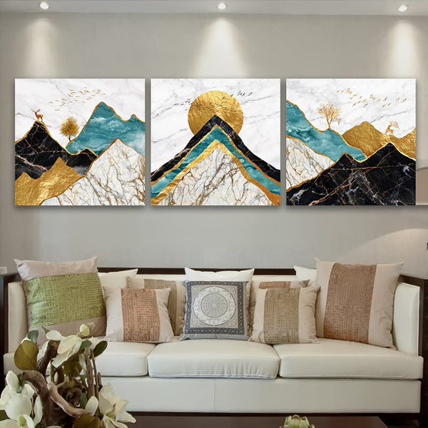 Golden Elk and Mountain Abstract Wall Art Canvas Print