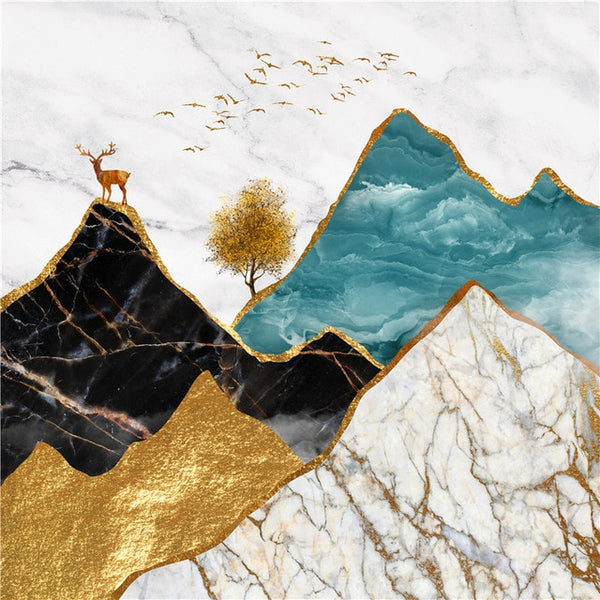 Golden Elk and Mountain Abstract Wall Art Canvas Print