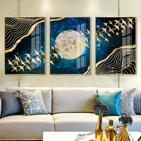 Moon and Golden Birds Abstract Wall Art Canvas Print