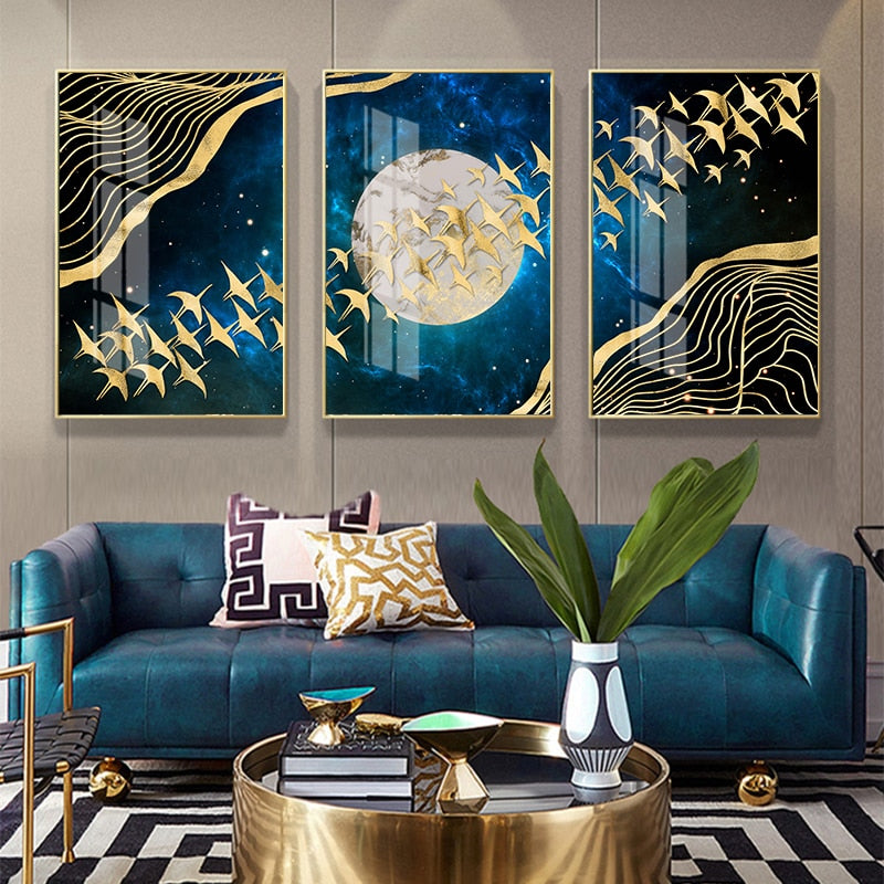 Moon and Golden Birds Abstract Wall Art Canvas Print