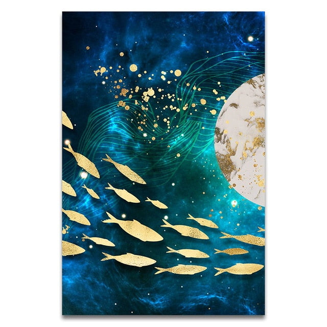 Golden Fish Moon Abstract Wall Art Canvas Print