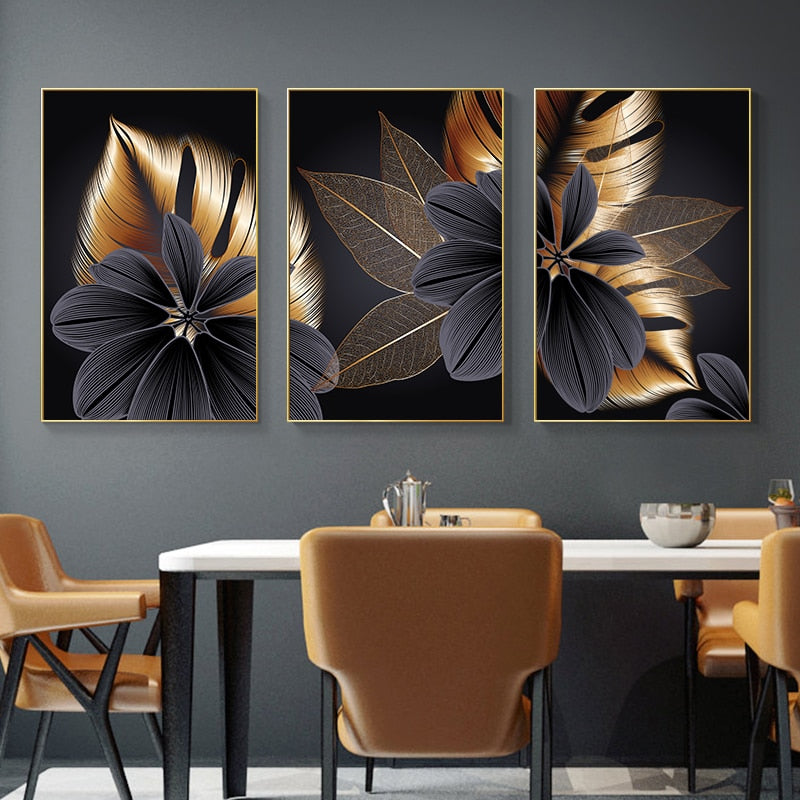Black and Copper Flower Leaves Abstract Wall Art Canvas Print