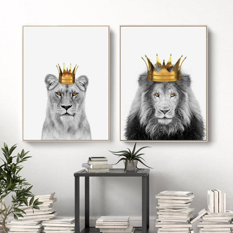 Lion and Lioness with Crown Wall Art Canvas Print