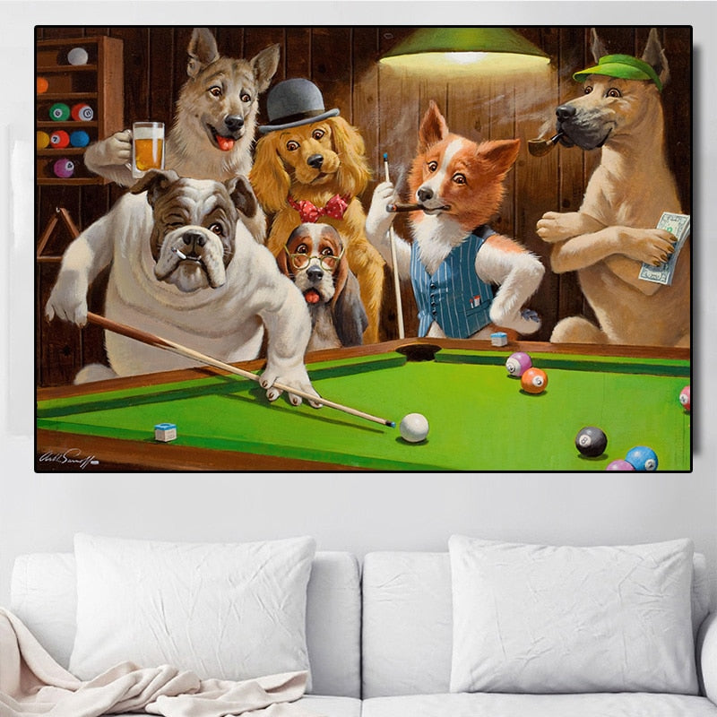 Dogs Playing Pool Wall Art Canvas Print