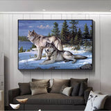 Two Wolves in Snow Landscape Wall Art Canvas Print