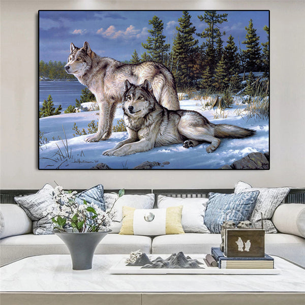 Two Wolves in Snow Landscape Wall Art Canvas Print