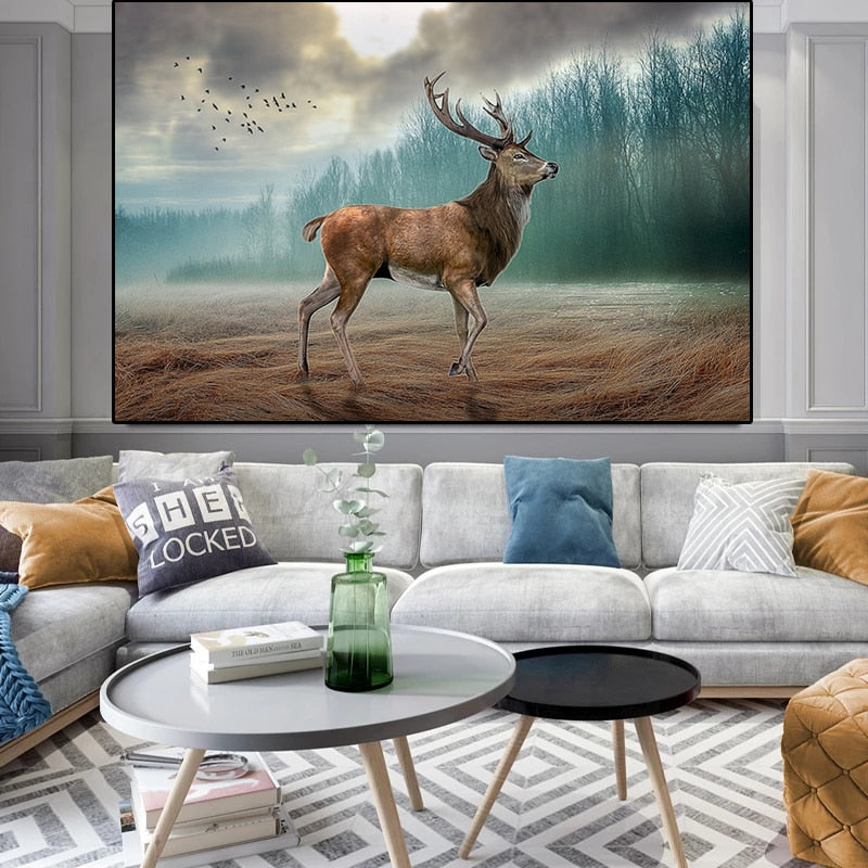Wild Deer Landscape Wall Art Canvas Print