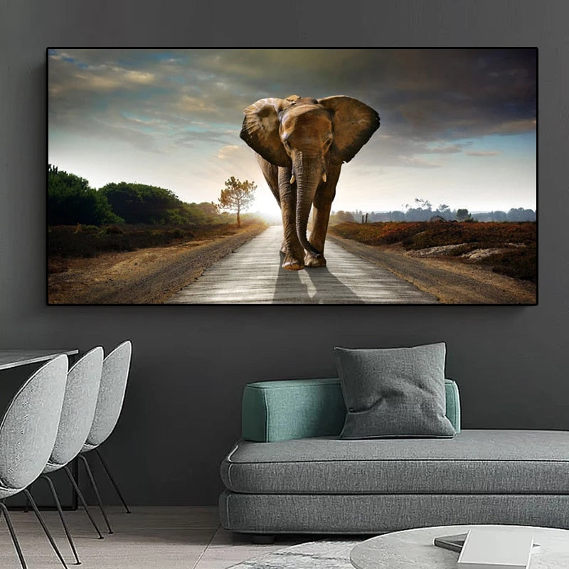 African Elephant Landscape Wall Art Canvas Print