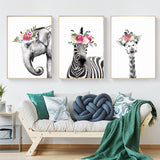 Elephant Zebra and Giraffe Wall Art Canvas Print